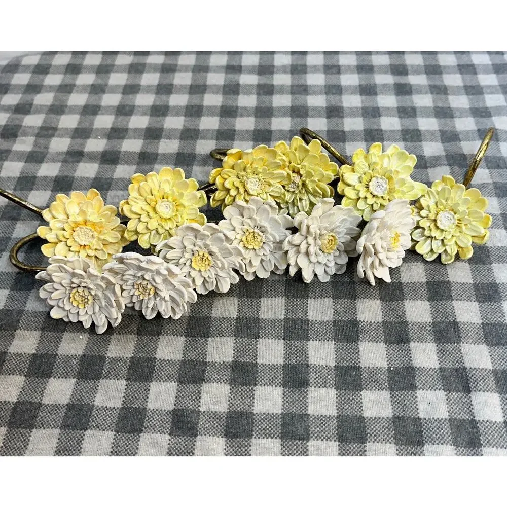 Vintage Shower Curtain Hooks Chrysanthemum Yellow White Brass Tone Set of 12